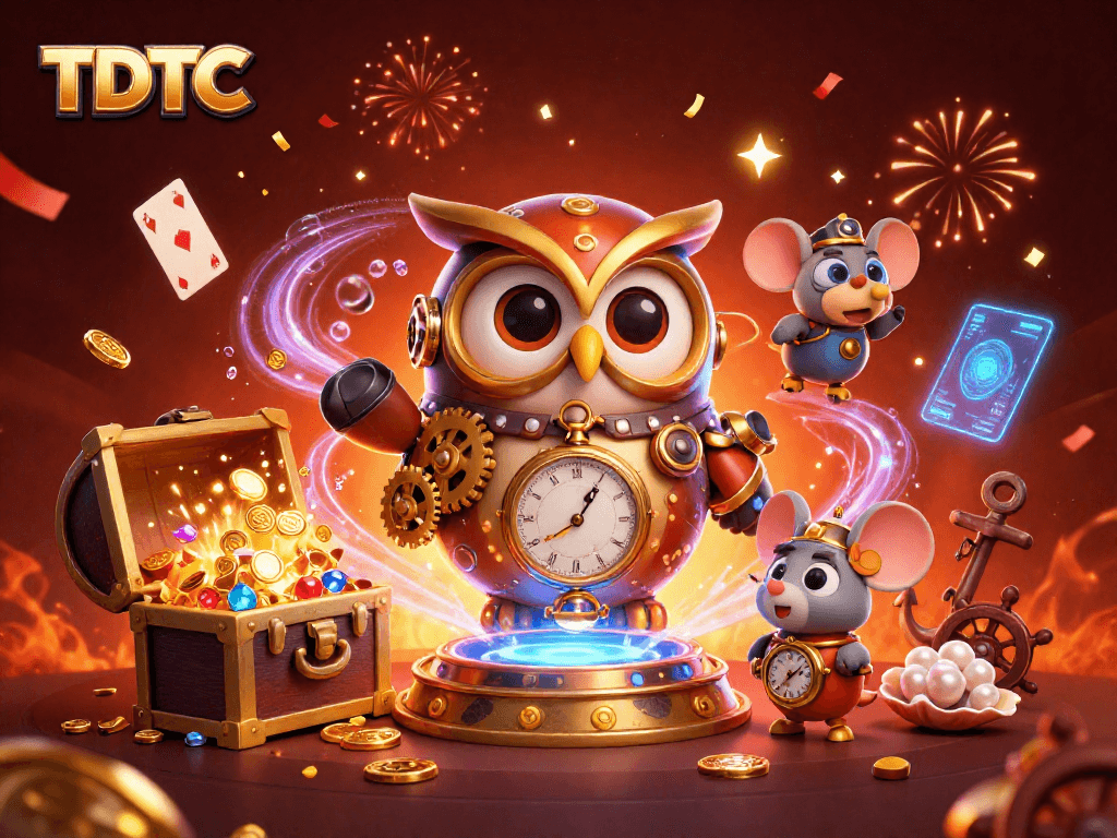 Experience TDTC's thrilling casino adventure with a steampunk owl and treasures in this vibrant illustration.