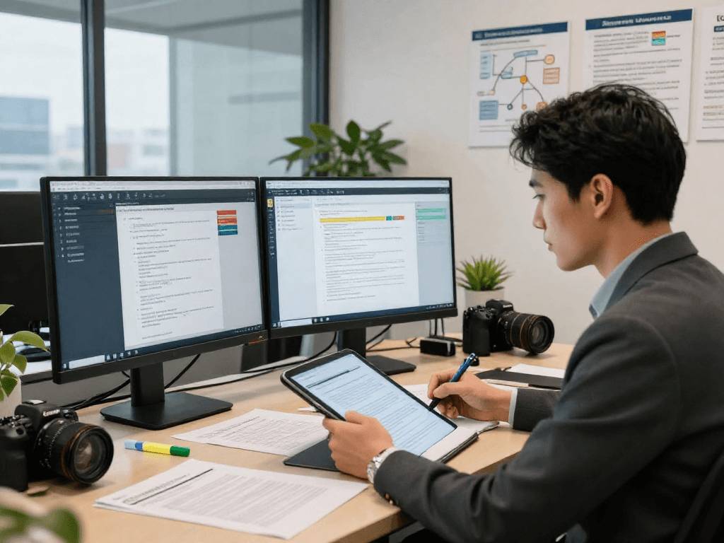 Expert in document fraud detection analyzing digital records in a modern office environment.