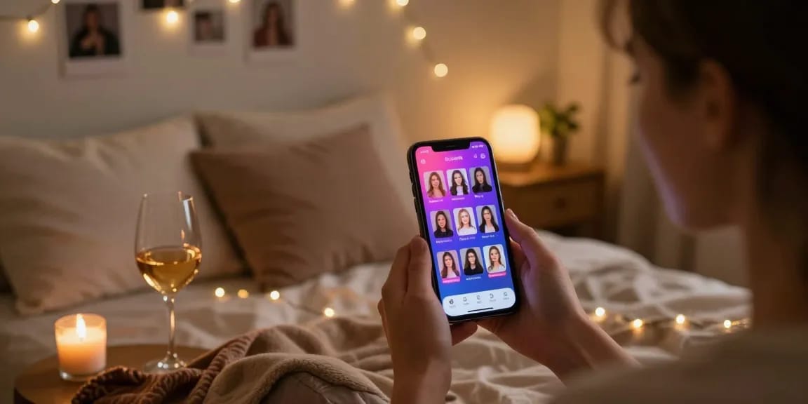 Engaging with sex AI on a smartphone in a cozy bedroom, inviting atmosphere.