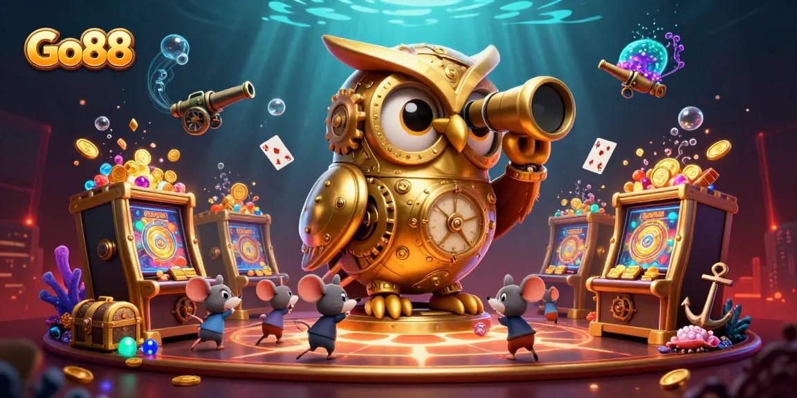 Experience vibrant excitement at Go88 Casino with colorful 3D characters scanning a bustling gaming floor.