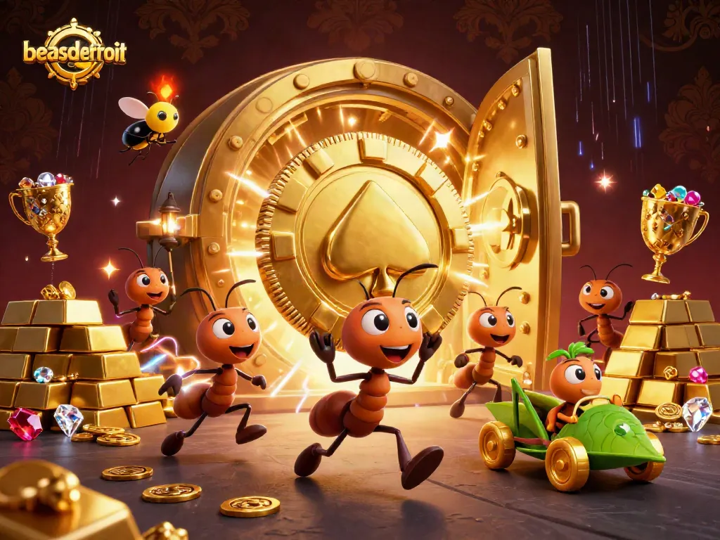 Engage with the thrilling heist of beasdetroit, as cartoon ants carry a massive poker chip in a dynamic underground scene.