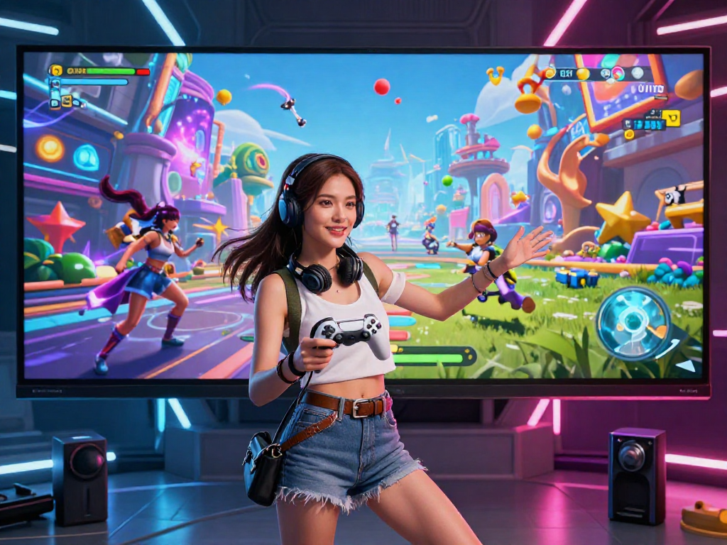 Female porn game featuring a strong female protagonist engaging in dynamic gameplay, surrounded by colorful visuals.