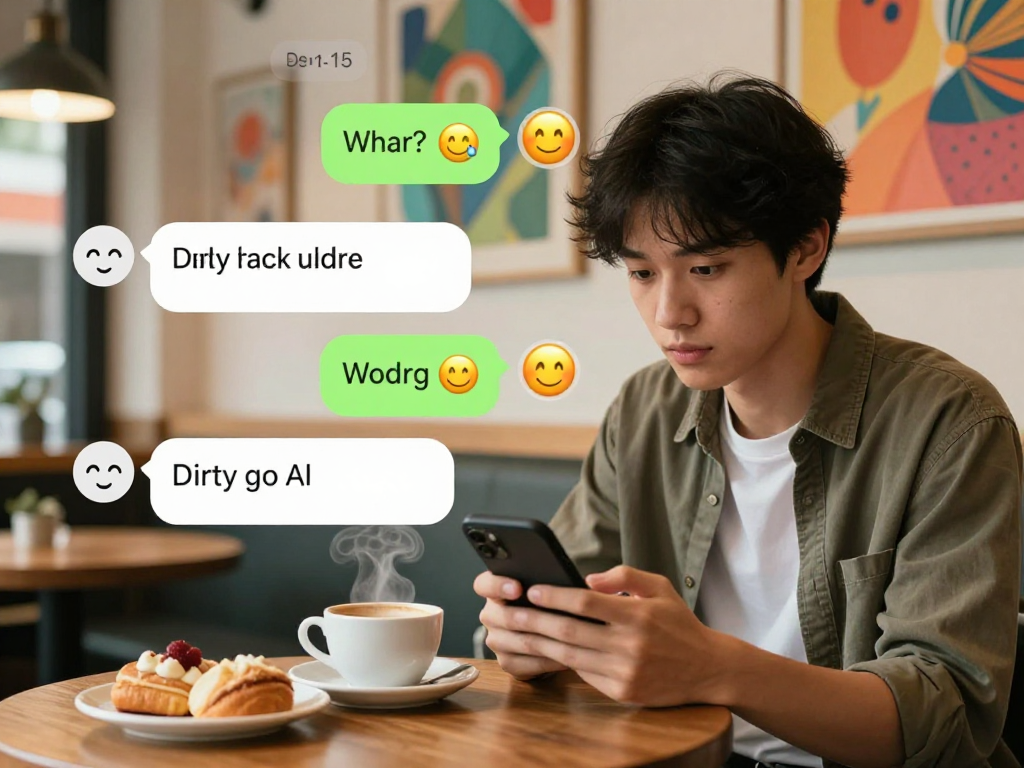 Interactive dirty chat AI conversation in a cozy café, highlighting user engagement and modern aesthetics.