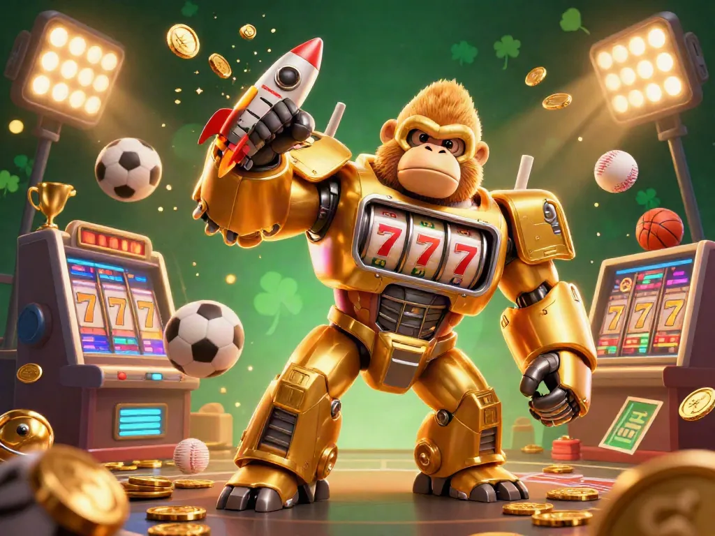 Playing casino with EX 88-themed golden gorilla mech punching upward, surrounded by sports elements