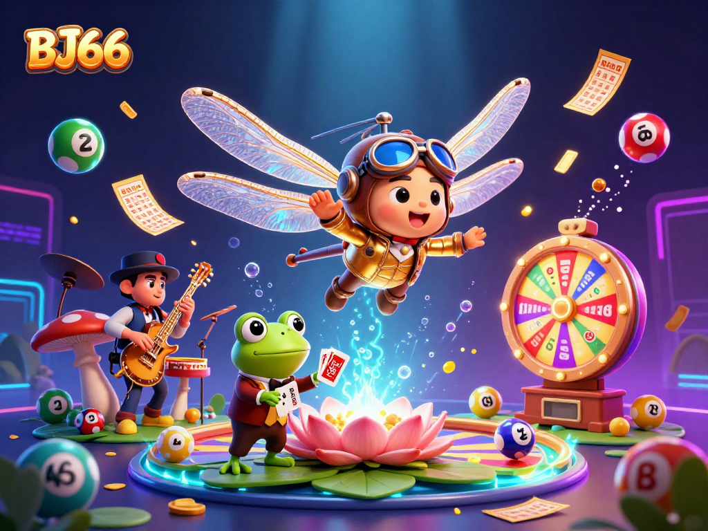 Interact with BJ66 in an exciting lily pad casino scene brought to life with vibrant colors and engaging characters.