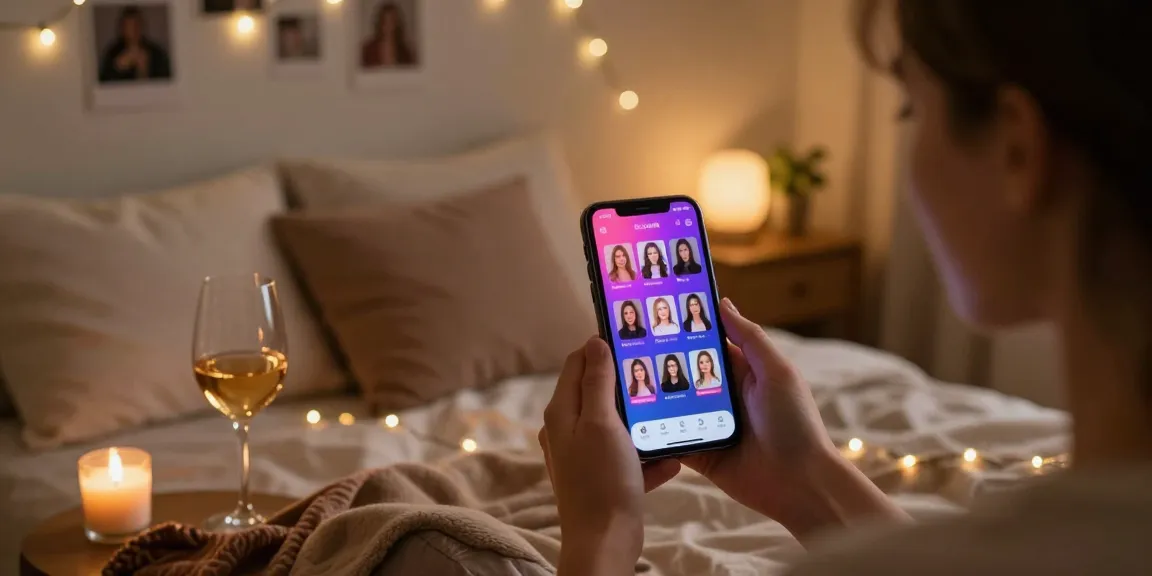 Engaging with sex AI on a smartphone in a cozy bedroom, inviting atmosphere.