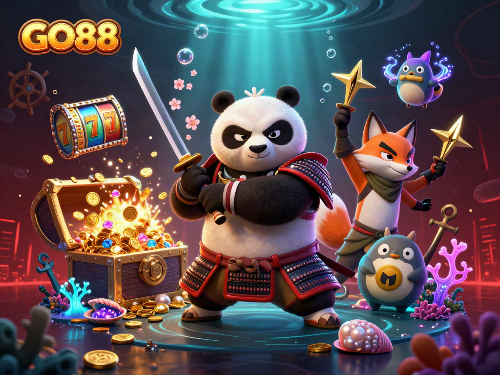 GO88 samurai panda and ninja fox celebrate casino wins with vibrant treasures.
