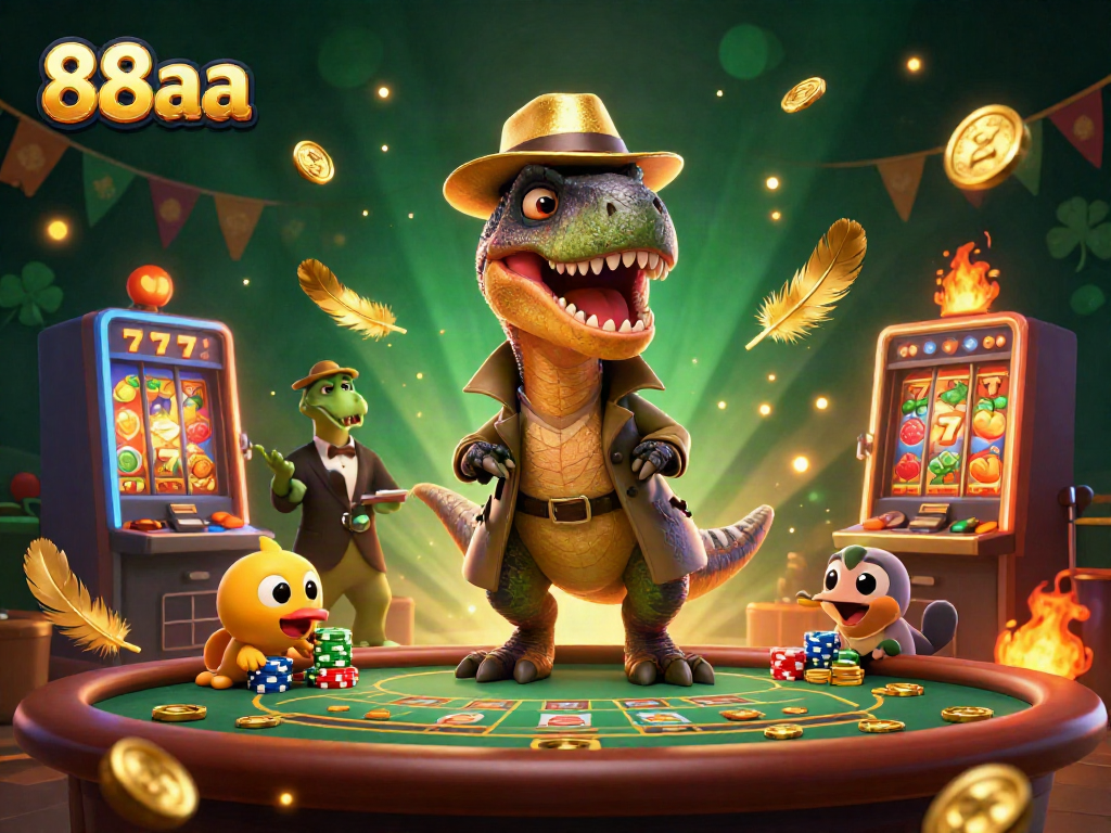 Engage with the action at 88aa featuring a velociraptor card counter amidst lively casino activities.
