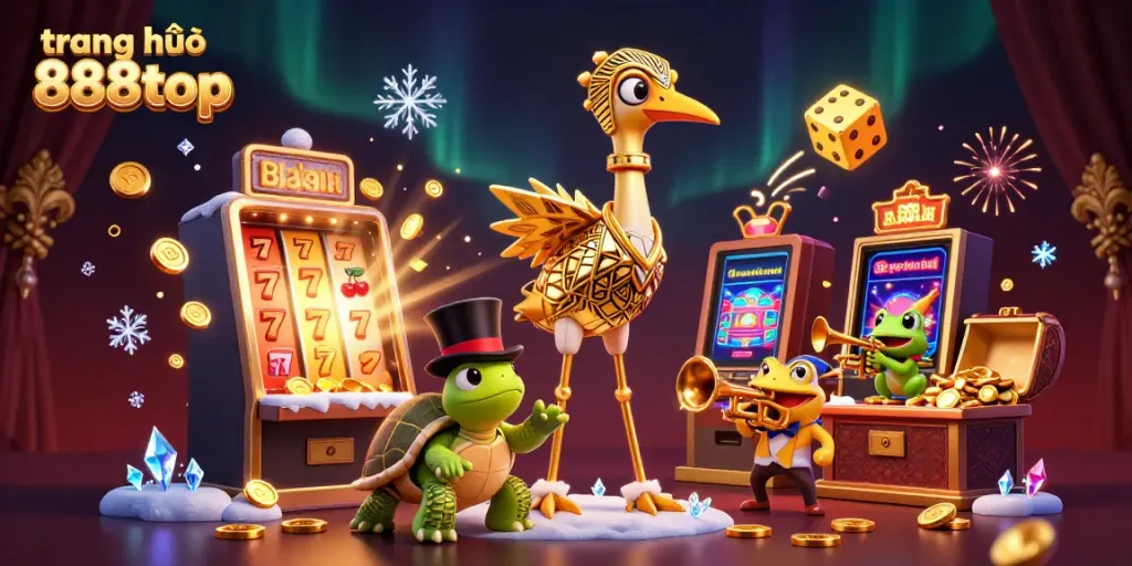 Play exciting games at trang chủ 888top with dynamic scenes of jackpot winning moments and vibrant casino elements.