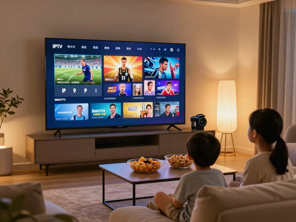 Family enjoying movie night with IPTV Italia on smart TV.