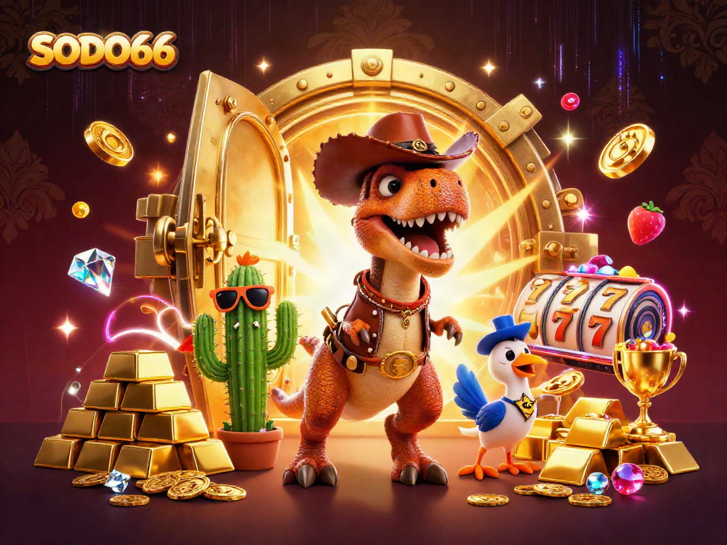 SODO66 brings excitement with a lively casino scene featuring a T-Rex and treasures among slot reels.
