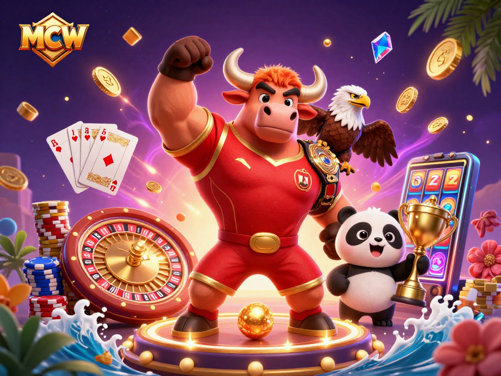 Experience thrilling MCW casino action with cartoon bull mascot, eagle champion, and panda trophy, amidst vibrant game elements.
