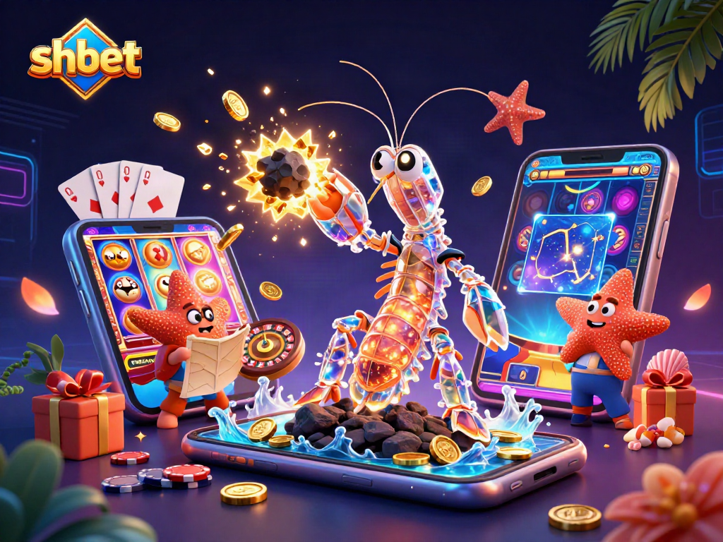 shbet showcases a galactic samurai mantis shrimp amidst exploding gems, vibrant with casino elements.