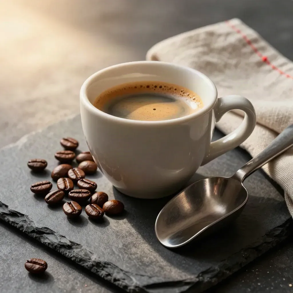 Tazzina di espresso, chicchi di caffè, cucchiaino metallico e lino su ardesia.