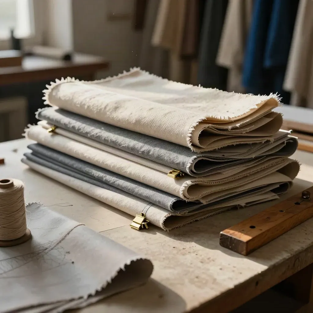 Banchi da atelier con rotoli di tela grezza, fermagli in ottone e cartamodelli.
