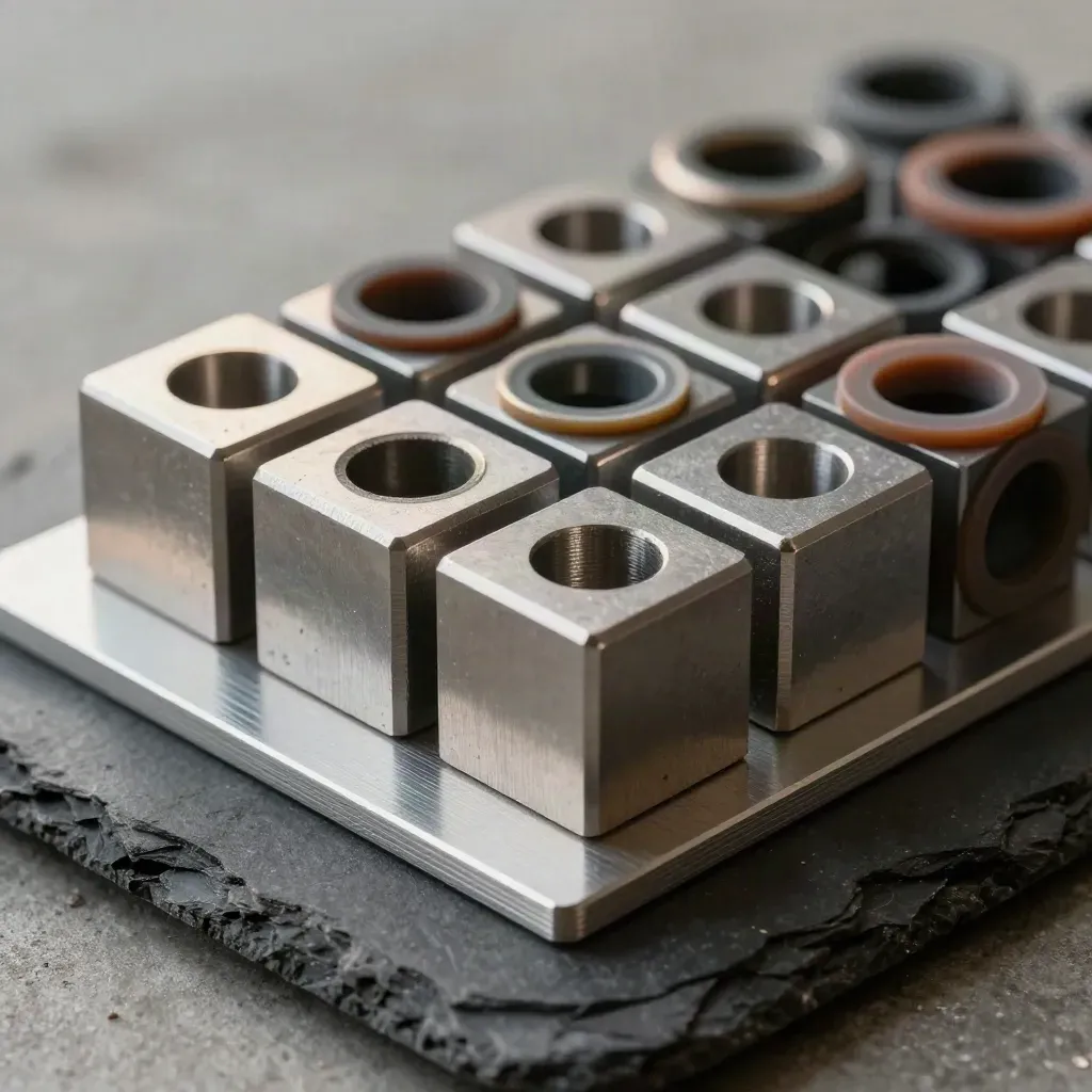 Campione di design industriale con cubi metallici, guarnizioni in silicone e piastra in alluminio.