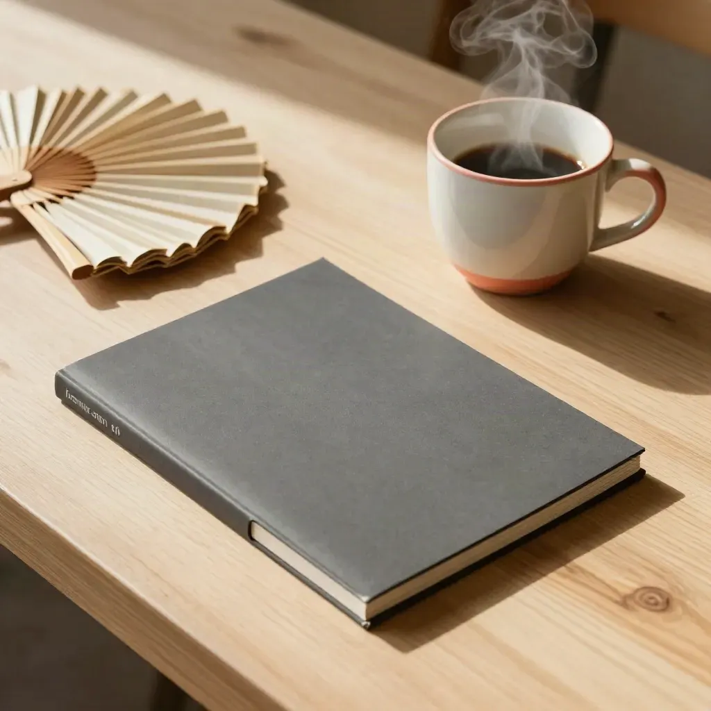 Menu vuoti, tazza in ceramica e buste di carta su legno chiaro, luce calda.