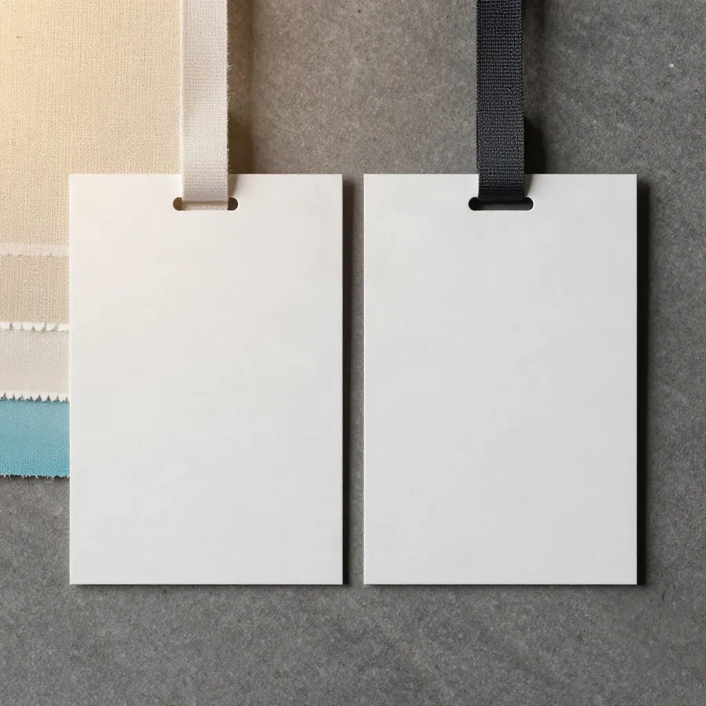 Due card matte con campionario tessile su base in lino e dettaglio blu oceano, viste dall’alto