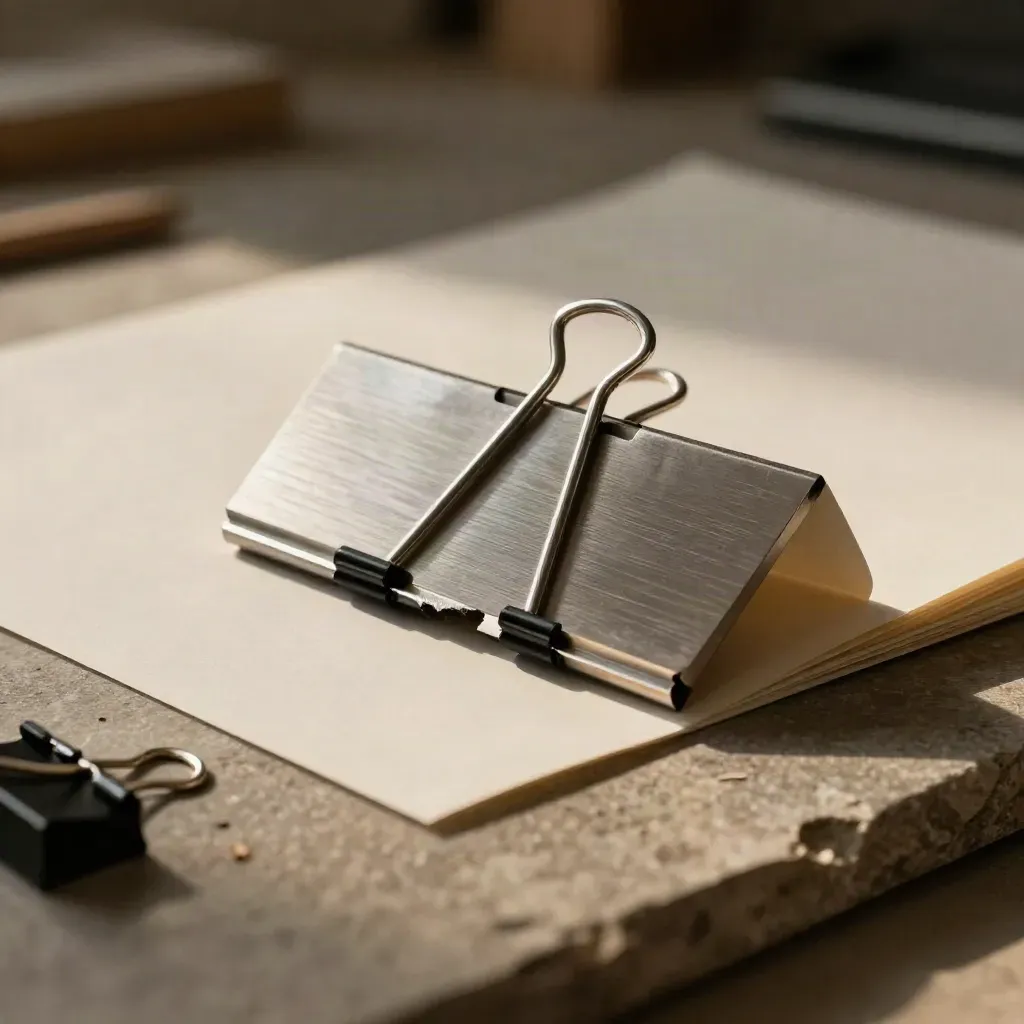 Template in alluminio con prove cartacee e graffetta su lastra di pietra