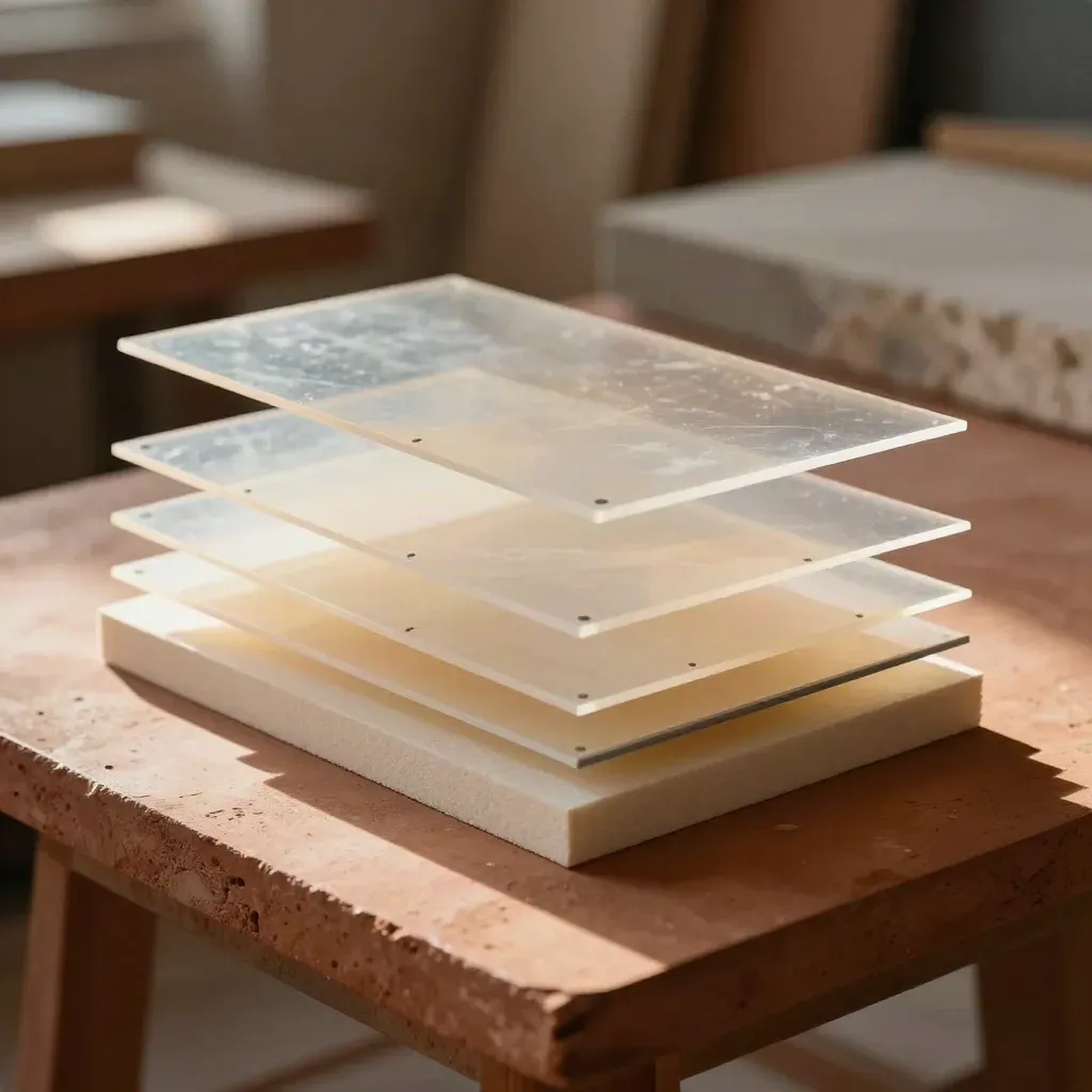 Strati di acetato e foam-core per wireframe pagine su banco terracotta, luce radente.