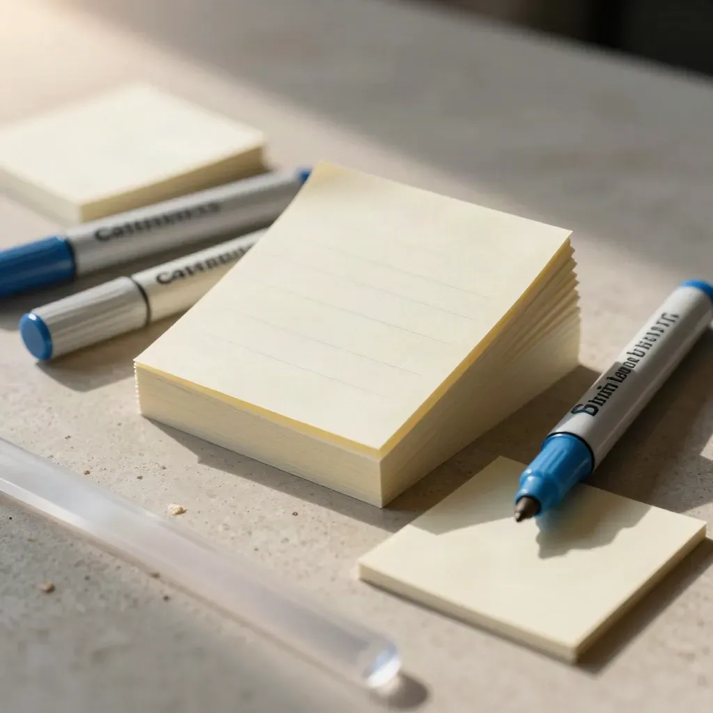 Kit di planning per startup con sticky note, marker e tavolette in foam-core, in primo piano.