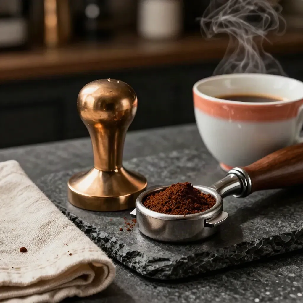 Tamper da caffè, tazza in porcellana e anello dosatore su pietra scura, con vapore caldo.