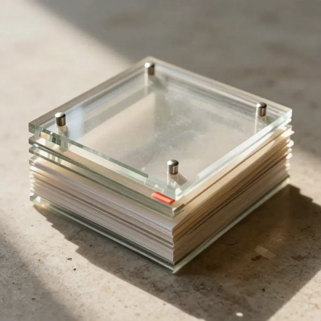 Stack di acrilico trasparente e pin di registro su pietra chiara, in ordine preciso.