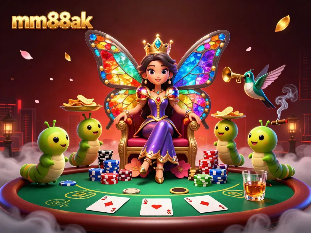 Experience the excitement of mm88ak in a vibrant casino scene with a butterfly queen, poker chips, and dramatic elements.