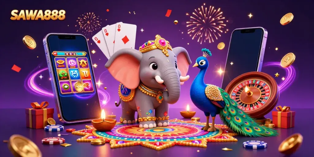 Engage with SAWA888's dynamic casino scene featuring a vibrant Diwali-themed elephant and colorful game elements.