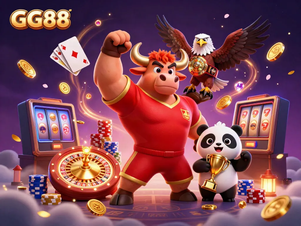 Celebrate wins with GG88, featuring a vibrant 3D illustration of a bull mascot, eagle, and panda amidst casino elements.