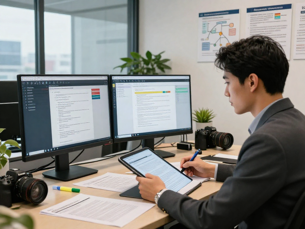 Expert in document fraud detection analyzing digital records in a modern office environment.