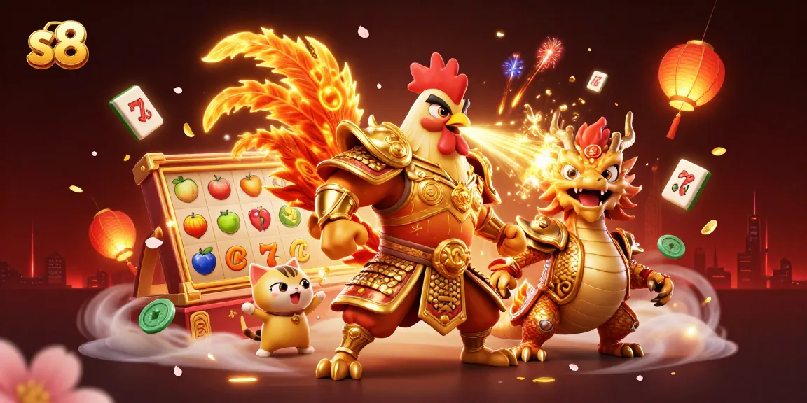 Engage in thrilling s8 slot games with fiery rooster and dragon characters amidst vibrant visuals.