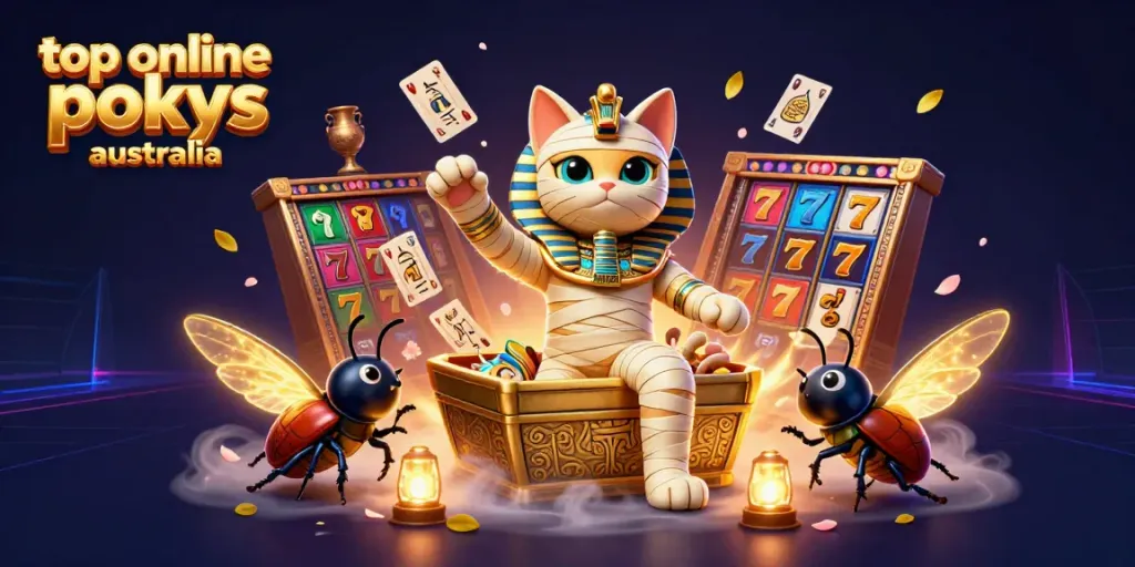 Play top online pokies Australia with an Egyptian mummy cat and a beetle in a vibrant casino scene.