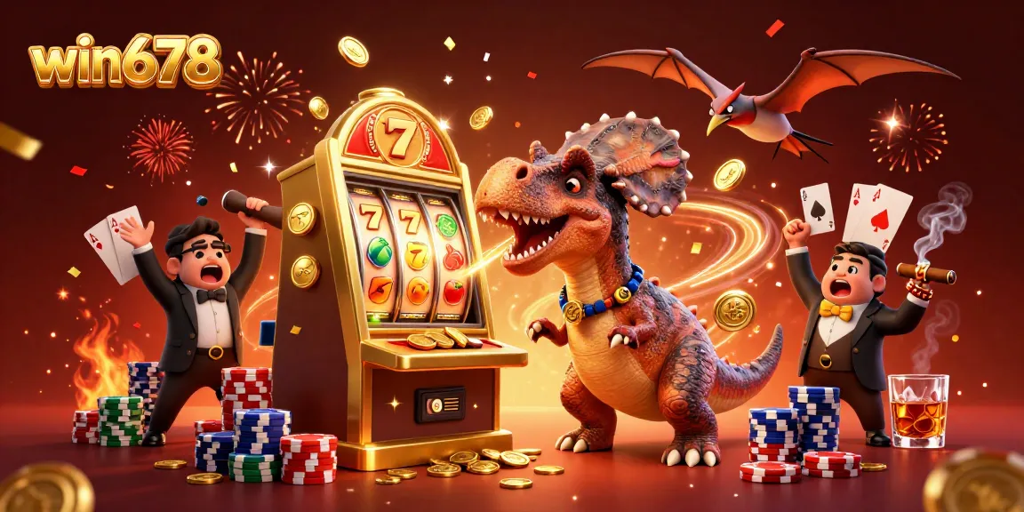 Experience win678's thrilling jackpot action with a cartoon dinosaur and slot machine in a vibrant casino world.