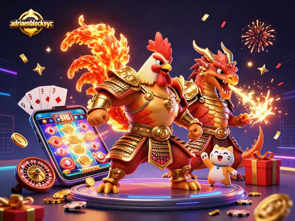 Join the excitement at adriaenblocknyc with a fighting rooster and armored dragon in a vibrant casino scene.