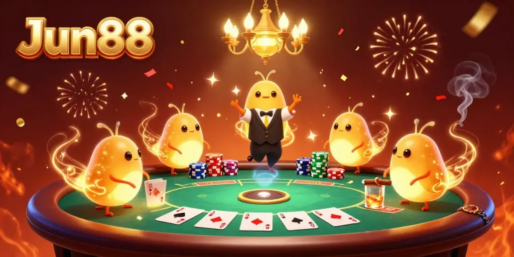 Experience the excitement of Jun88 with glowworms lighting a vibrant casino scene, featuring poker and celebration elements.