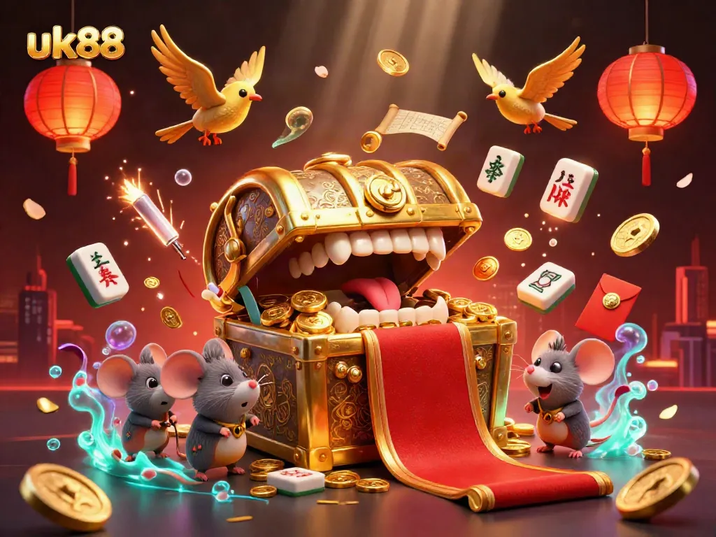 Experience the thrill of uk88 with animated treasure chests and vibrant casino elements in a dynamic 3D scene.