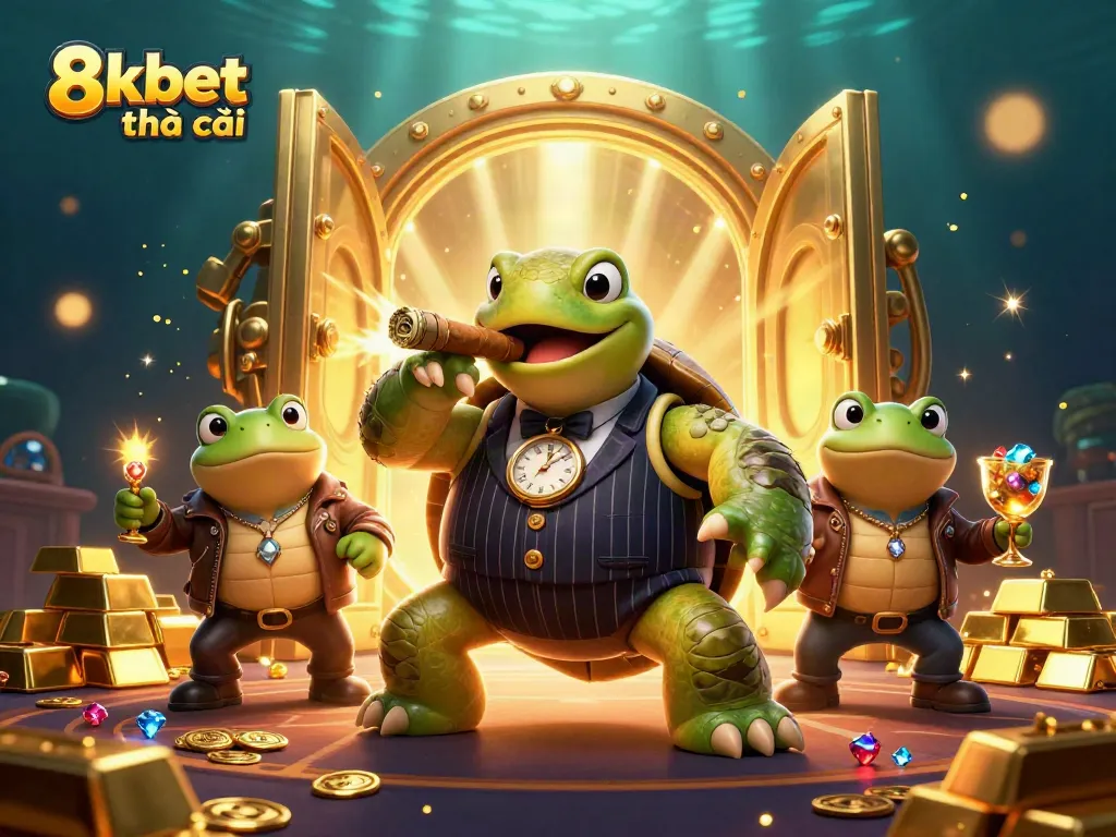 Engaging illustration of 8xbet nhà cái showcasing a snapping turtle in mobster attire and bullfrogs amid casino riches.