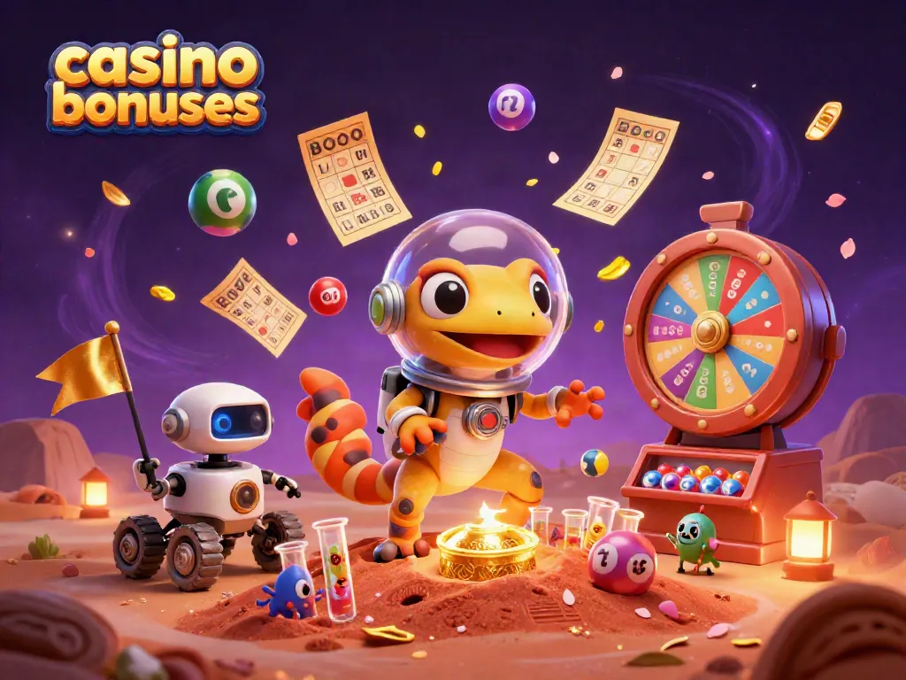 Experience thrilling casino bonuses as a Martian gecko discovers a golden casino on Mars amidst vibrant game elements.